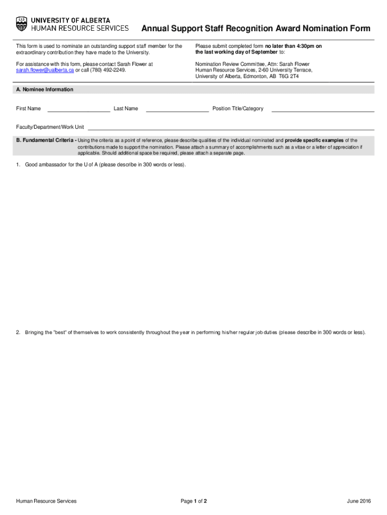 Fillable Online Annual Support Staff Recognition Award Nomination Form ...