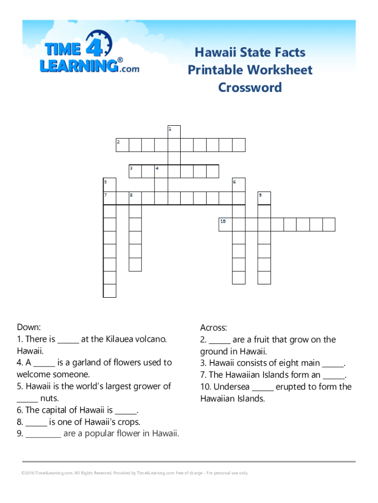 Fillable Online Hawaii State Facts Printable Worksheet Crossword Fax ...
