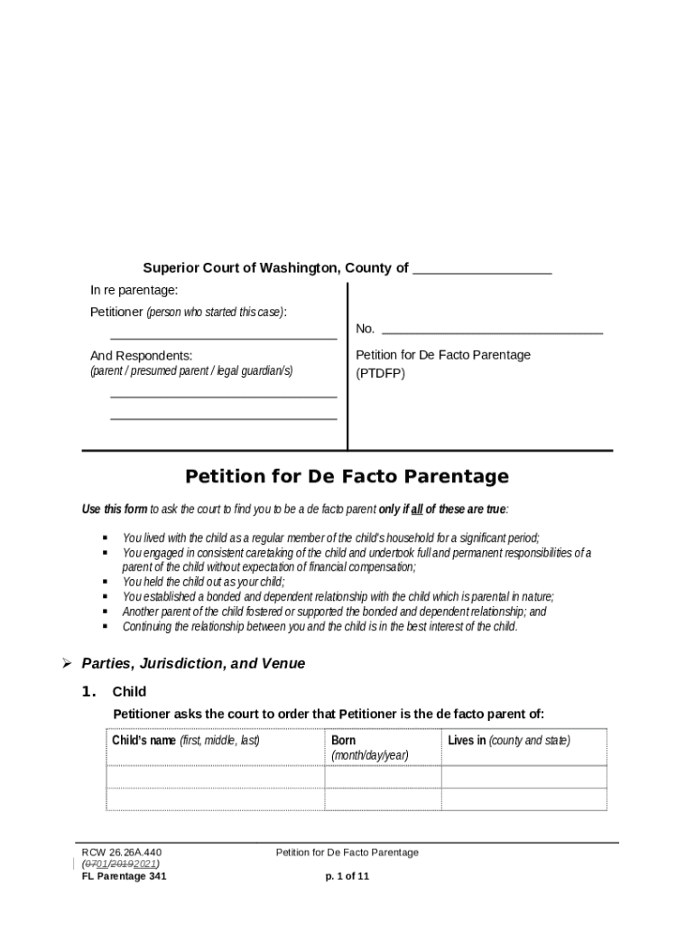 Petition for De Facto Parentage Washington State Doc Template pdfFiller