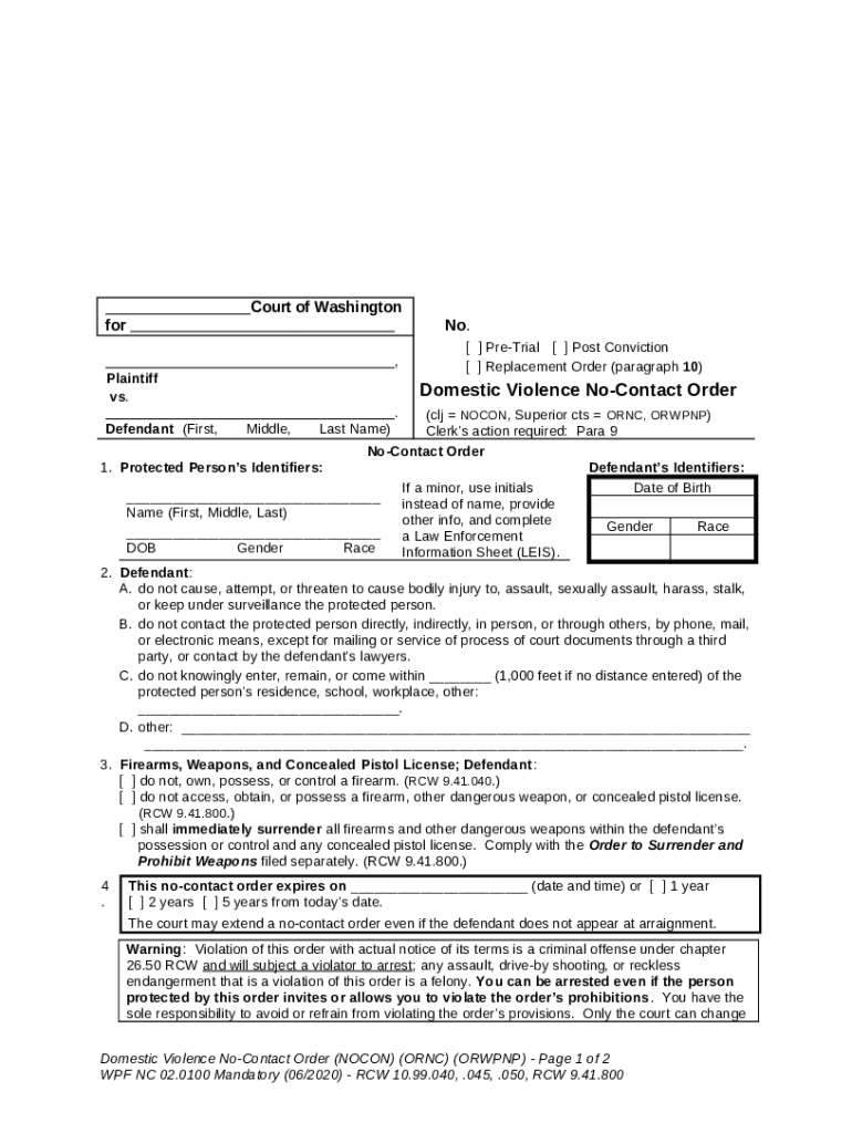 10 vs Domestic Violence NoContact Order Washington State Doc