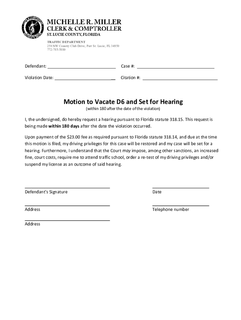 Motion to Vacate D6 Less than 180 Motion to Vacate D6 Less than 180 Preview on Page 1
