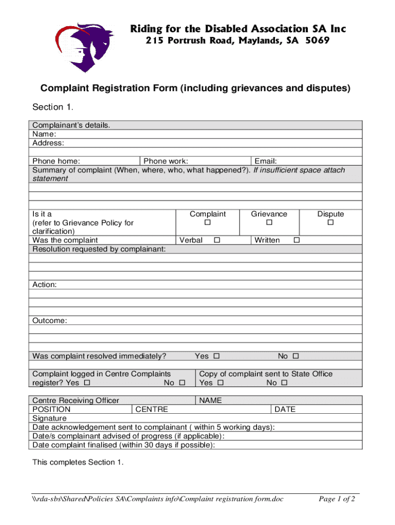 Fillable Online Complaint registration form.doc Fax Email Print pdfFiller
