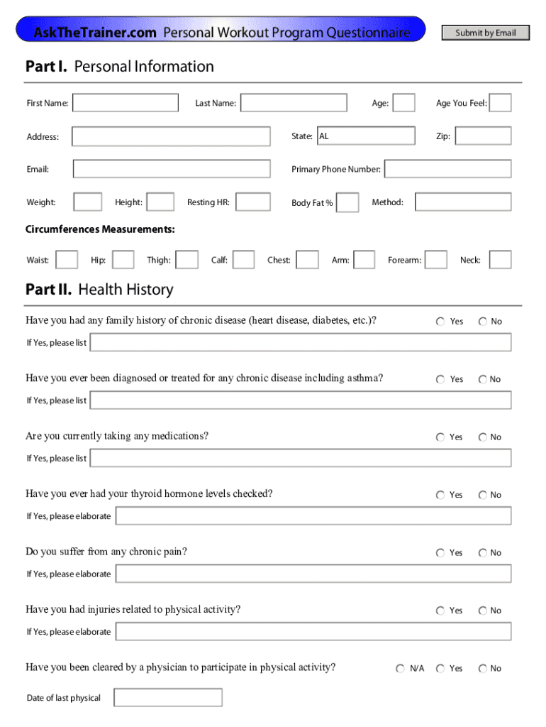 Fillable Online com Personal Workout Program Questionnaire Fax Email