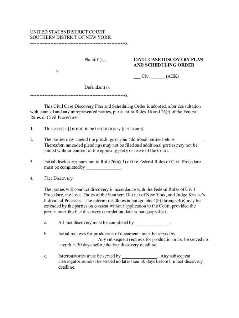 This Civil Case Discovery Plan and Scheduling Order is adopted, after consultation Preview on Page 1