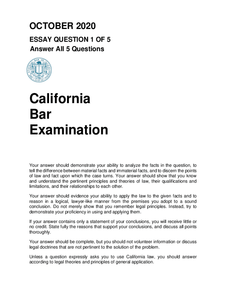 Fillable Online October 2020 California Bar Exam Questions. October