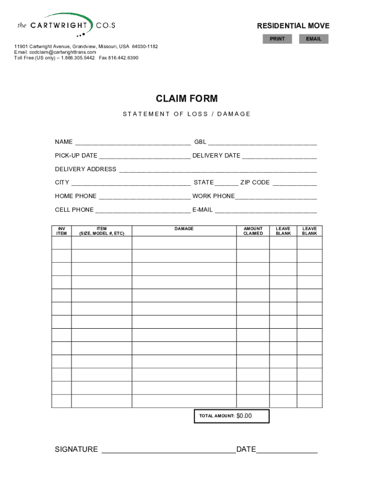 Fillable Online Cartwright Companies Claim form for damaged goods