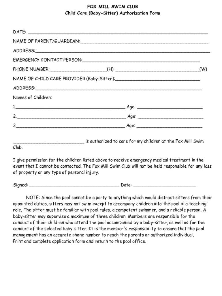 Fillable Online Child Care Authorization Form printable pdf download ...