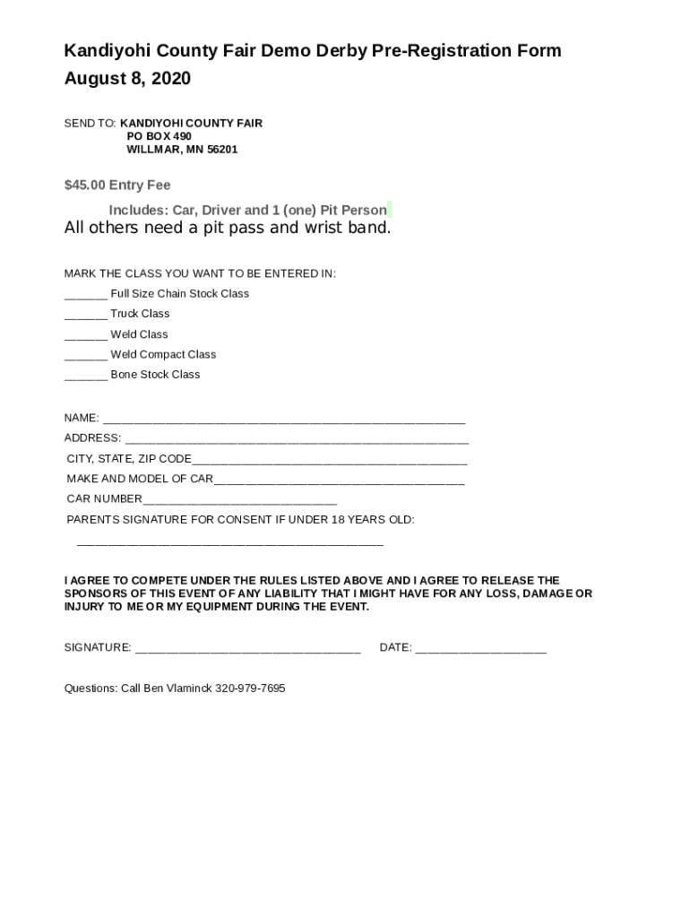 Kandiyohi County Fair Demo Derby PreRegistration Doc Template pdfFiller