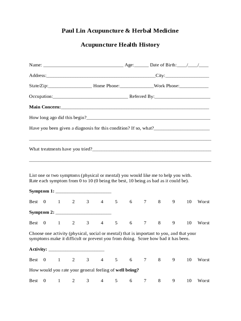 Acupuncture Health History Doc Template pdfFiller