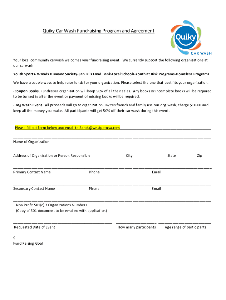 Fillable Online Quiky Car Wash Fundraising Program and Agreement (1