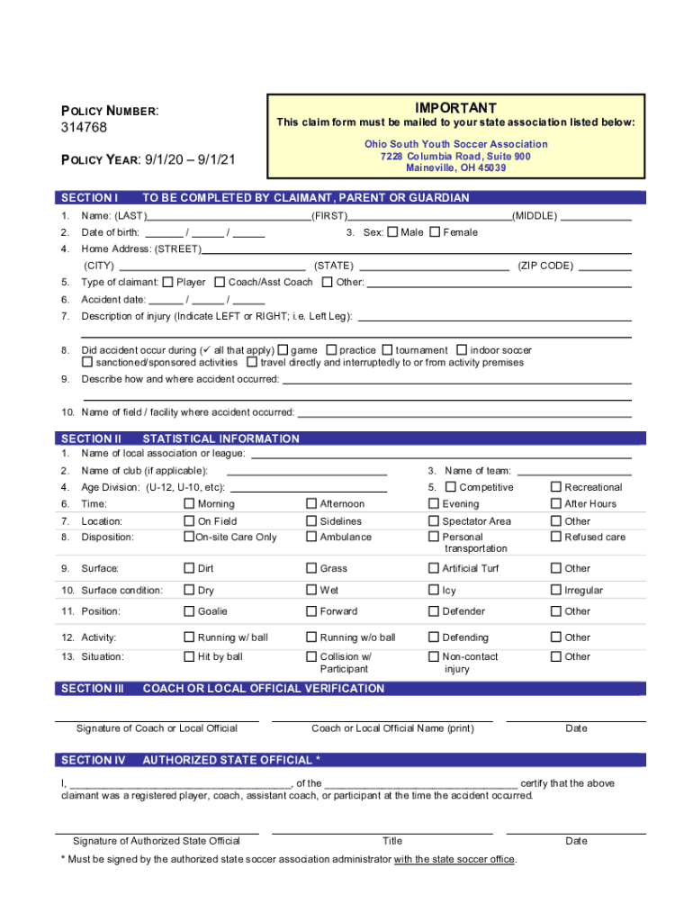 OHIO SOUTH YOUTH SOCCER ASSOCIATION ACCIDENT MEDICAL CLAIM Preview on Page 1