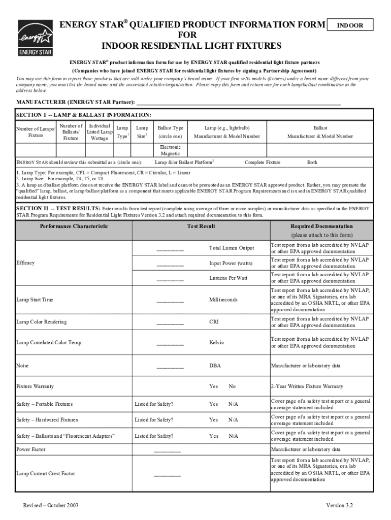 Fillable Online ENERGY STAR Indoor Qualified Product Information Form
