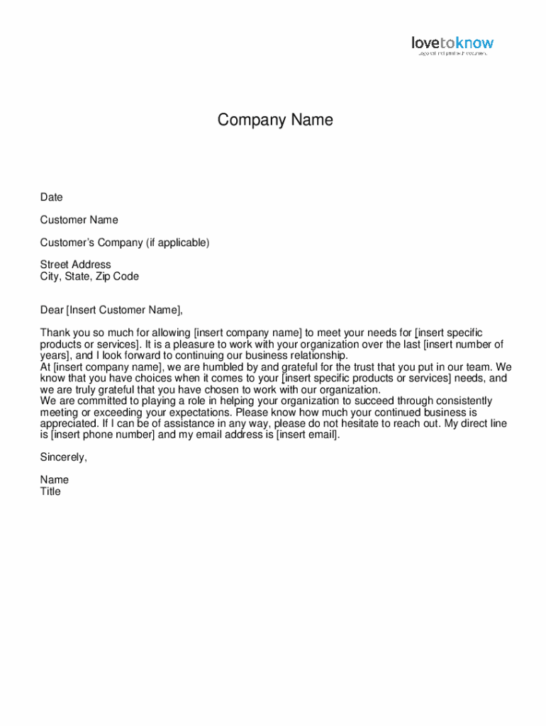 Fillable Online Business Thank You Letter Customer Appreciation