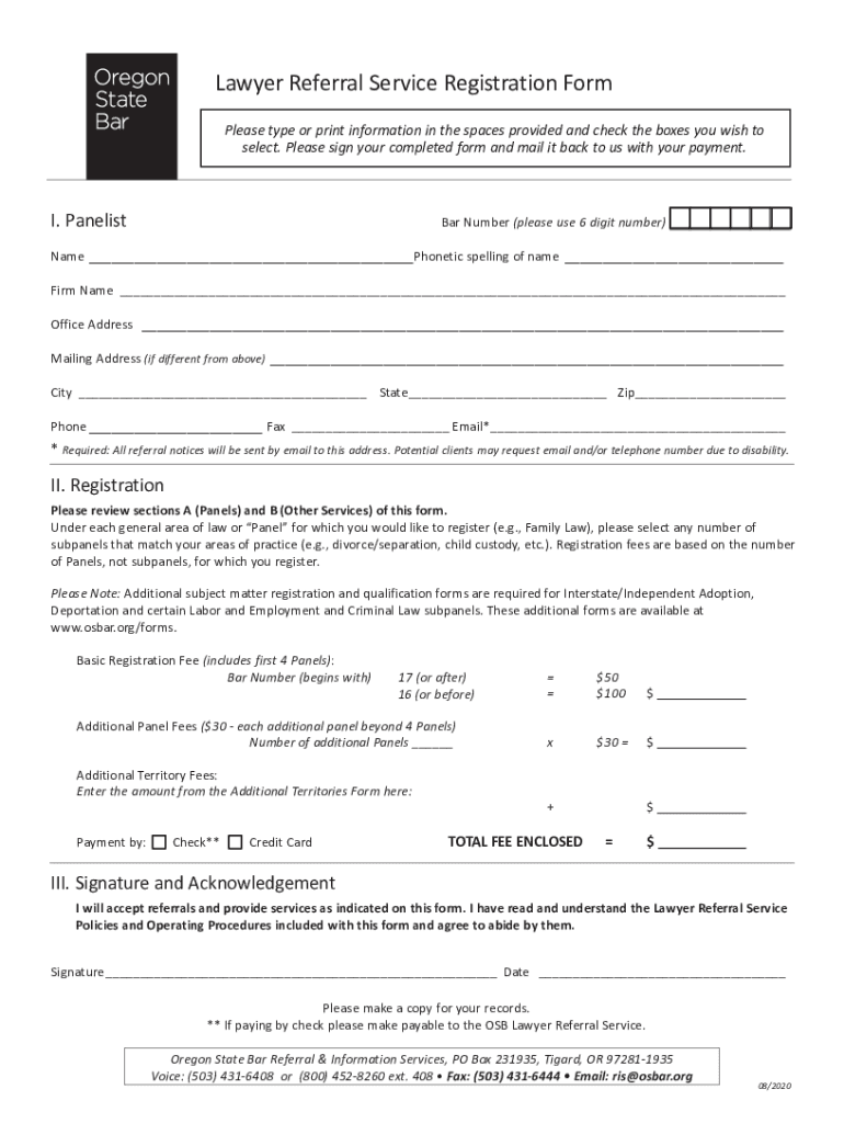 Fillable Online Lawyer Referral Service Registration Oregon State Bar