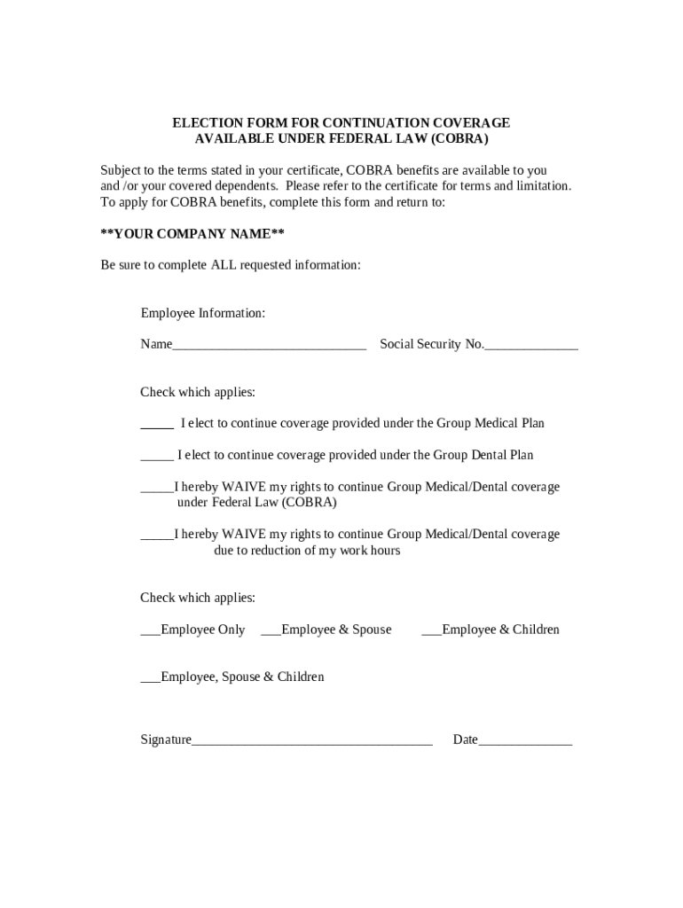 FEDERAL AND STATE Dental and Vision COBRA ELECTION Doc Template pdfFiller