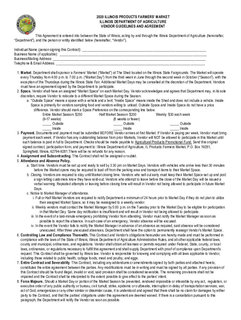 Fillable Online www2 illinois 2020 Farmers Market Vendor Contract June ...