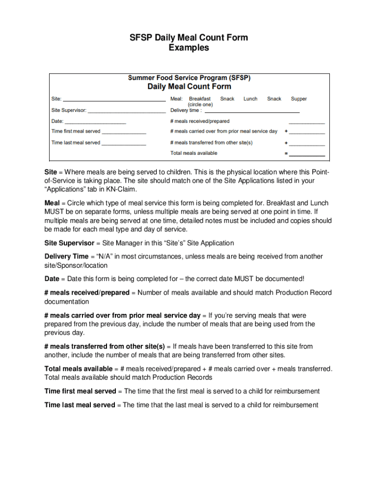 Fillable online sfsp daily meal count form examples fax email print