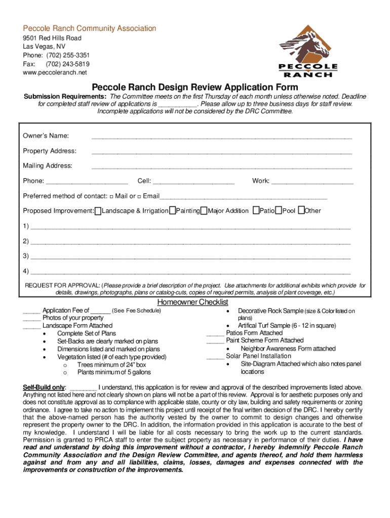 Peccole Ranch Design Review Application Form Preview on Page 1