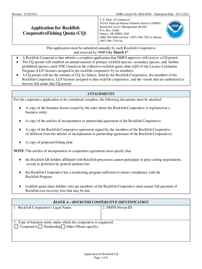 Fillable Online Application for Rockfish Cooperative Fishing Quota (CQ