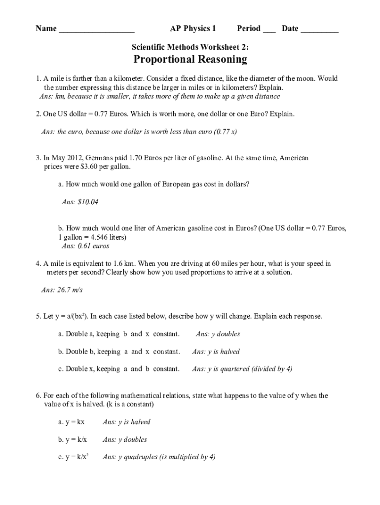 Fillable Online scientific methods worksheet 2 proportional reasoning Fax Email Print pdfFiller