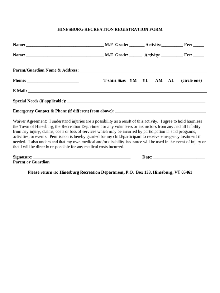 HINESBURG RECREATION REGISTRATION Doc Template pdfFiller
