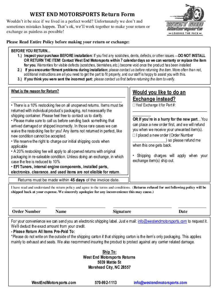 Fillable Online WEST END MOTORSPORTS Return Form Fax Email Print