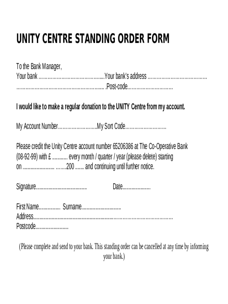 UNITY CENTRE STANDING ORDER Doc Template | pdfFiller