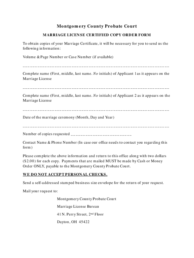 Montgomery County Marriage License Certified Copy Order Form Preview on Page 1