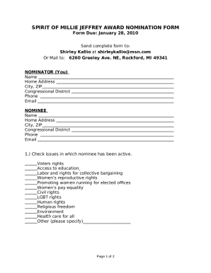 SPIRIT OF MILLIE JEFFREY AWARD NOMINATION FORM