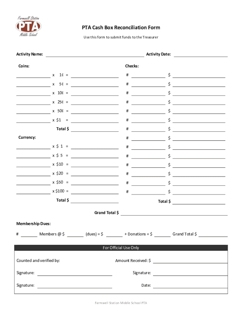 Fillable Online PTA Cash Box Reconciliation Form Fax Email Print