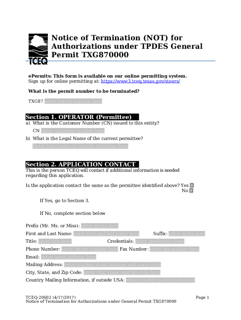 Notice of Termination (NOT) for Authorizations under TPDES Doc