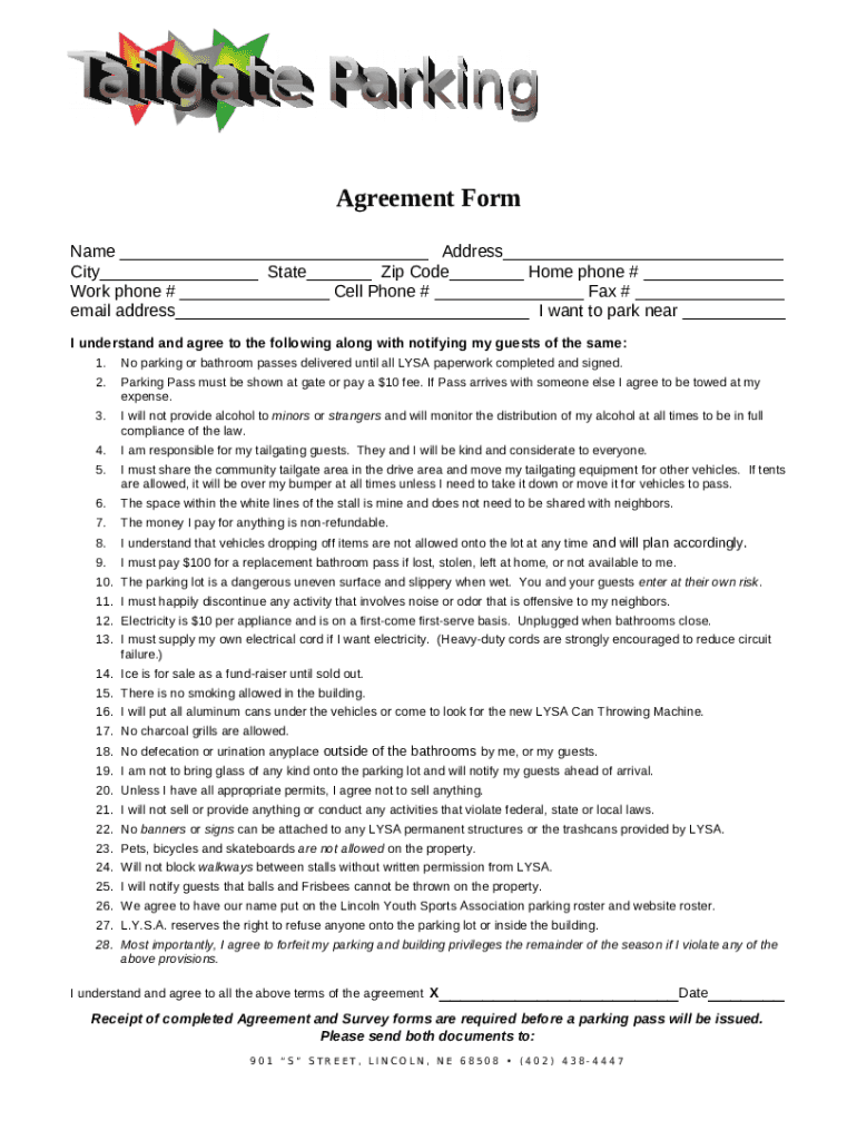 Agreement . Tailgate Parking Doc Template pdfFiller