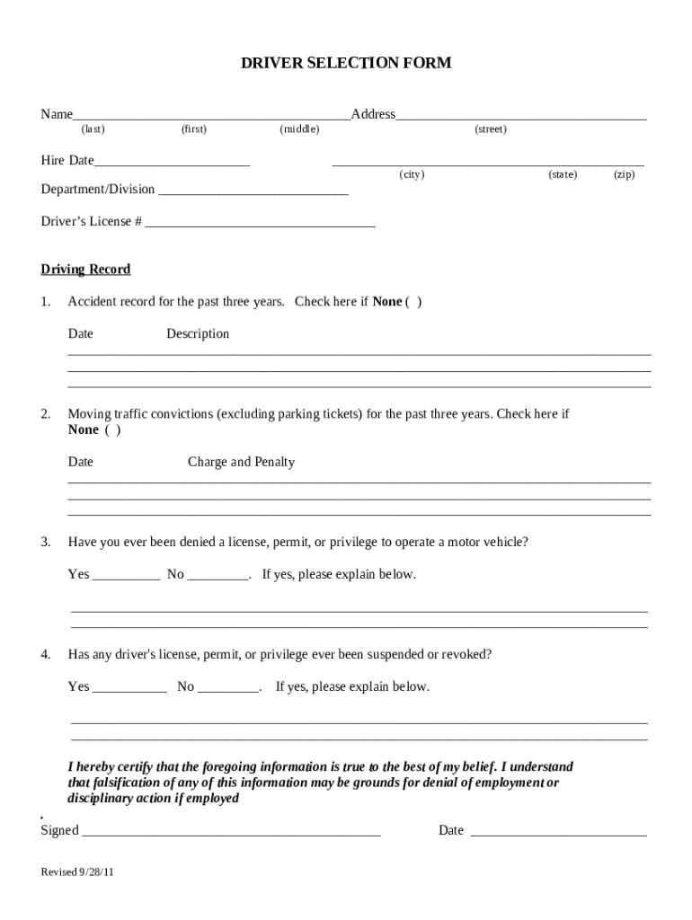 DRIVER SELECTION Doc Template pdfFiller