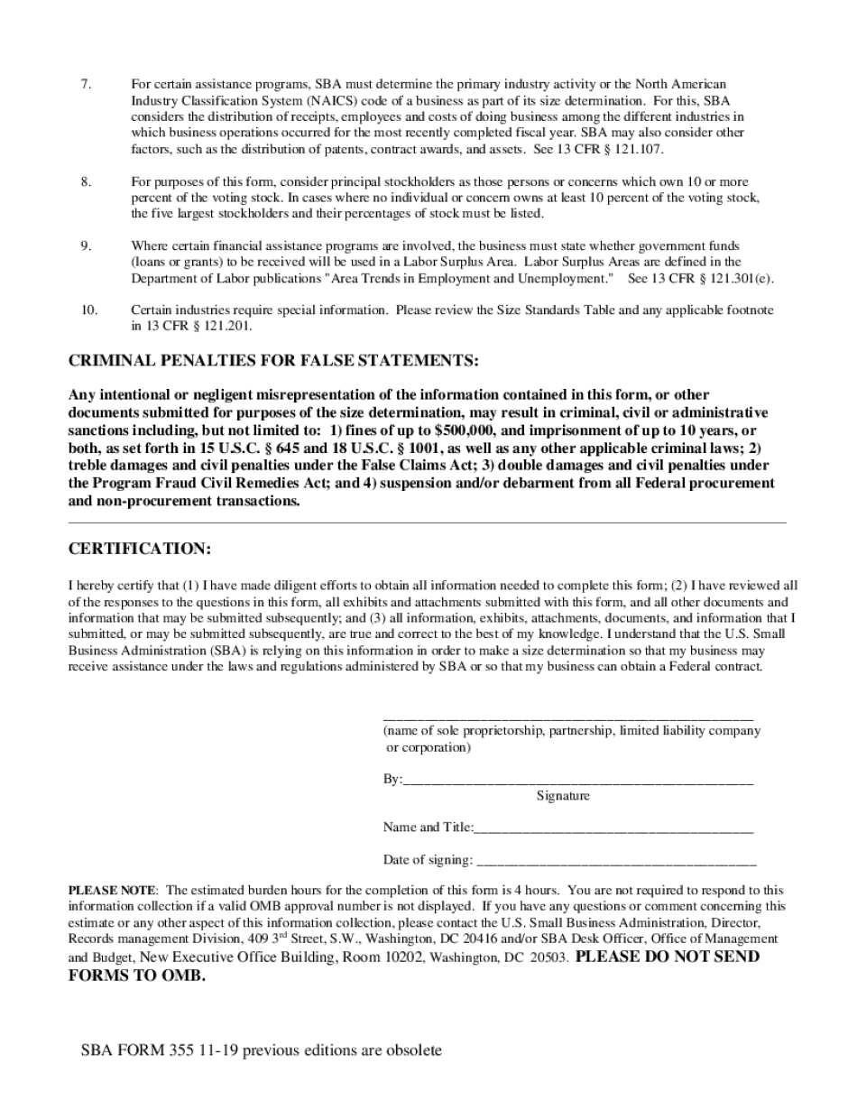 Sba form 355 application for small business size determination