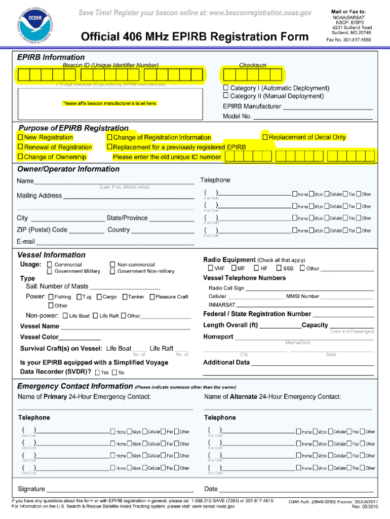 Fillable Online Fillable Online Official 406 MHz EPIRB Registration