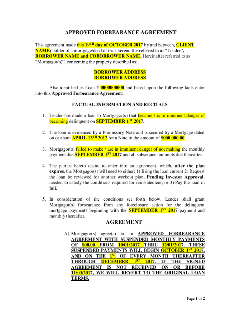 Fillable Online Sample Forbearance Agreement Navy Army CCU Fax Email