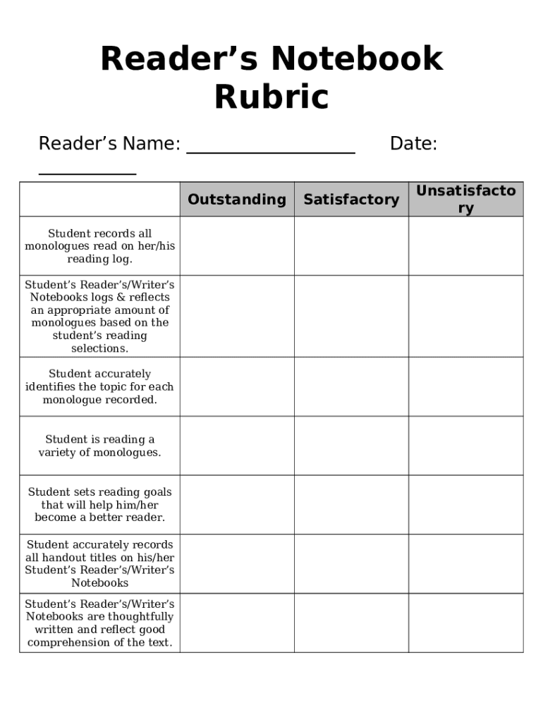 Readers Notebook Rubric Doc Template pdfFiller