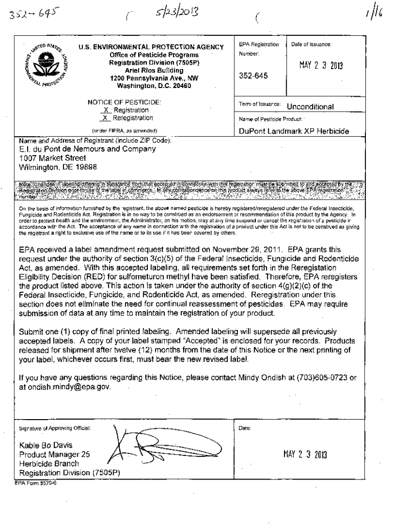 Fillable Online US EPA, Pesticide Product Label, DUPONT LANDMARK XP