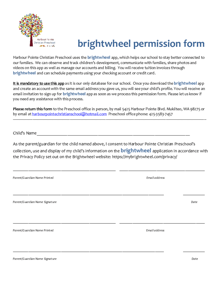 Fillable Online brightwheel permission form Harbour Pointe Christian