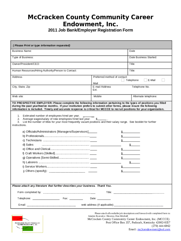 2011 Job Bank/Employer Registration Doc Template pdfFiller