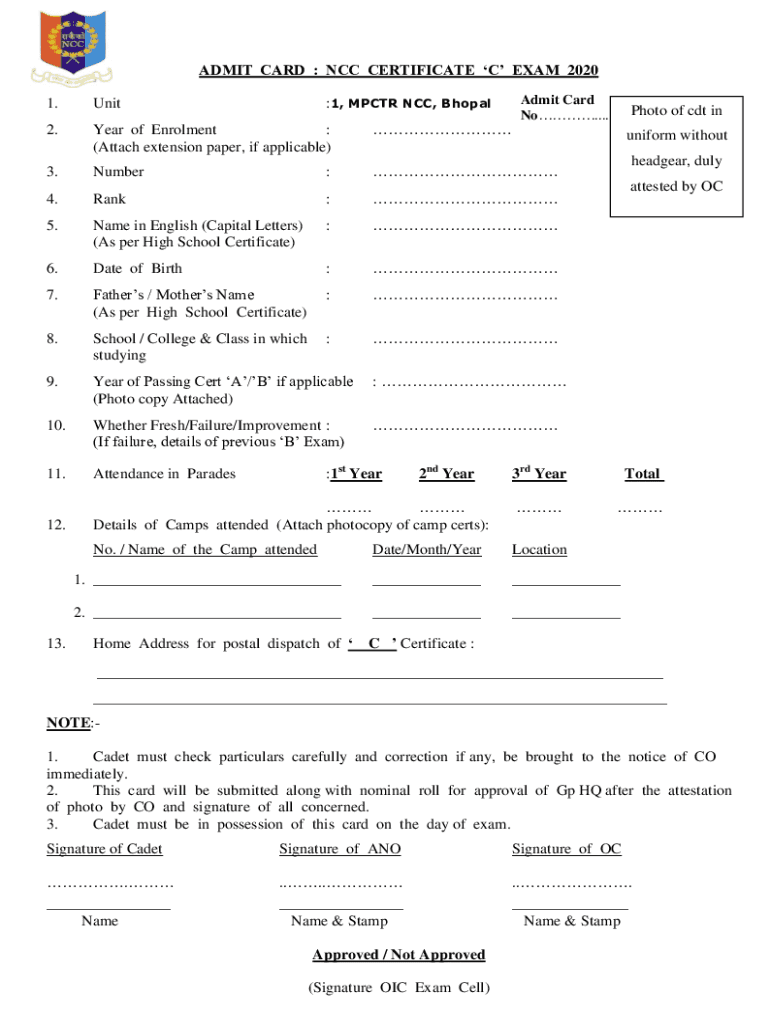 Ncc Admit Card Form Fill Online, Printable, Fillable, Blank pdfFiller