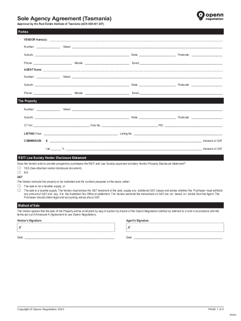 Fillable Online Sole Agency Agreement (Tasmania) Fax Email Print