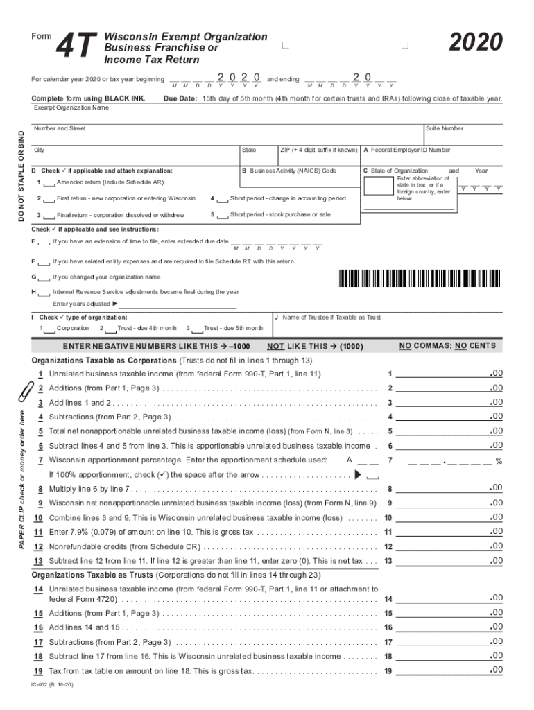 Wisconsin Exempt Organization Business Franchise or Income Tax Return ...