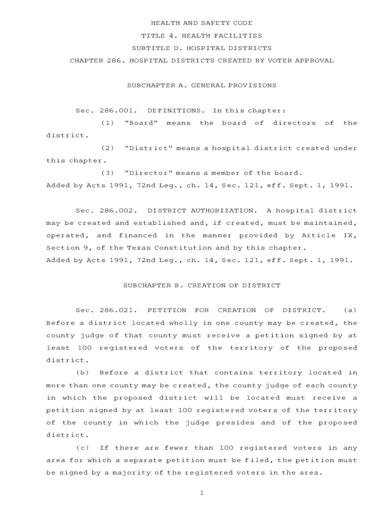 Fillable Online HEALTH AND SAFETY CODE CHAPTER 281. HOSPITAL DISTRICTS