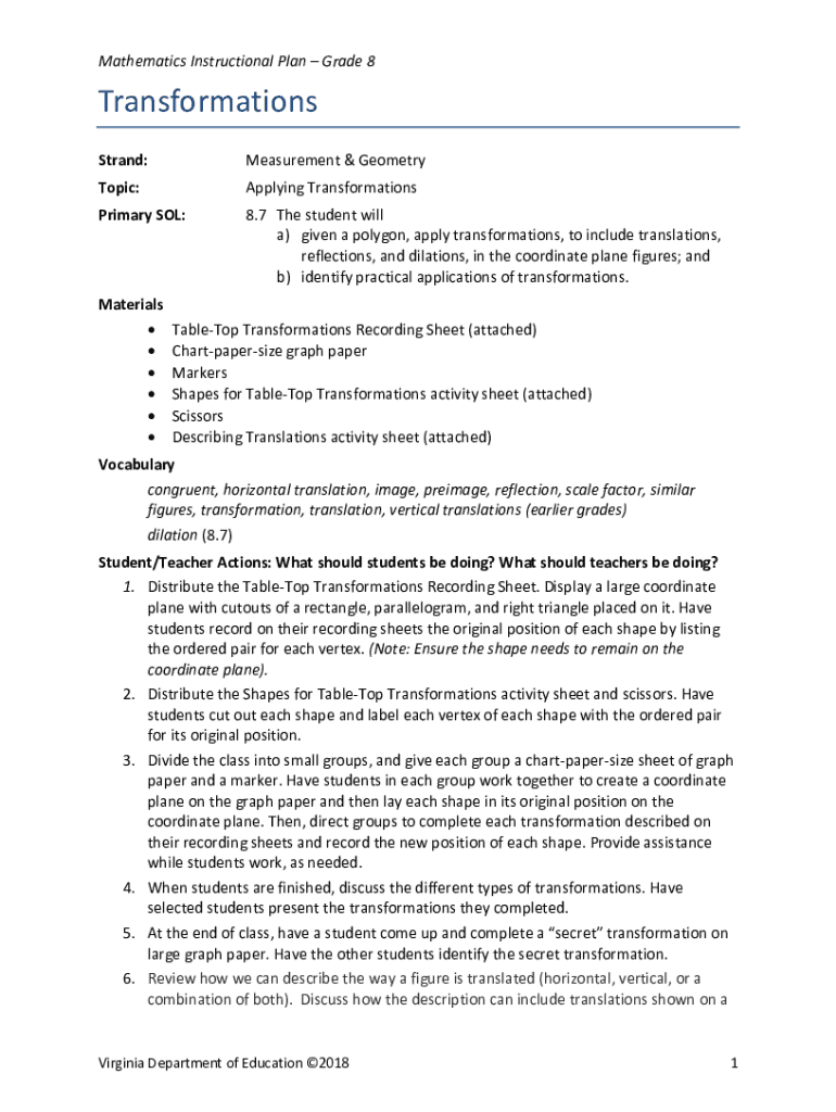 Fillable Online doe virginia Mathematics Instructional Plan Grade 8 Fax