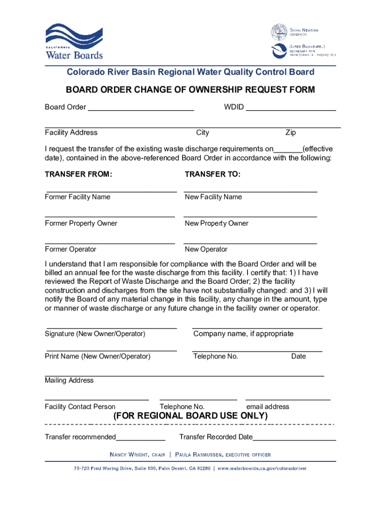 Fillable Online Board Order Change of Ownership Request Form Fax Email