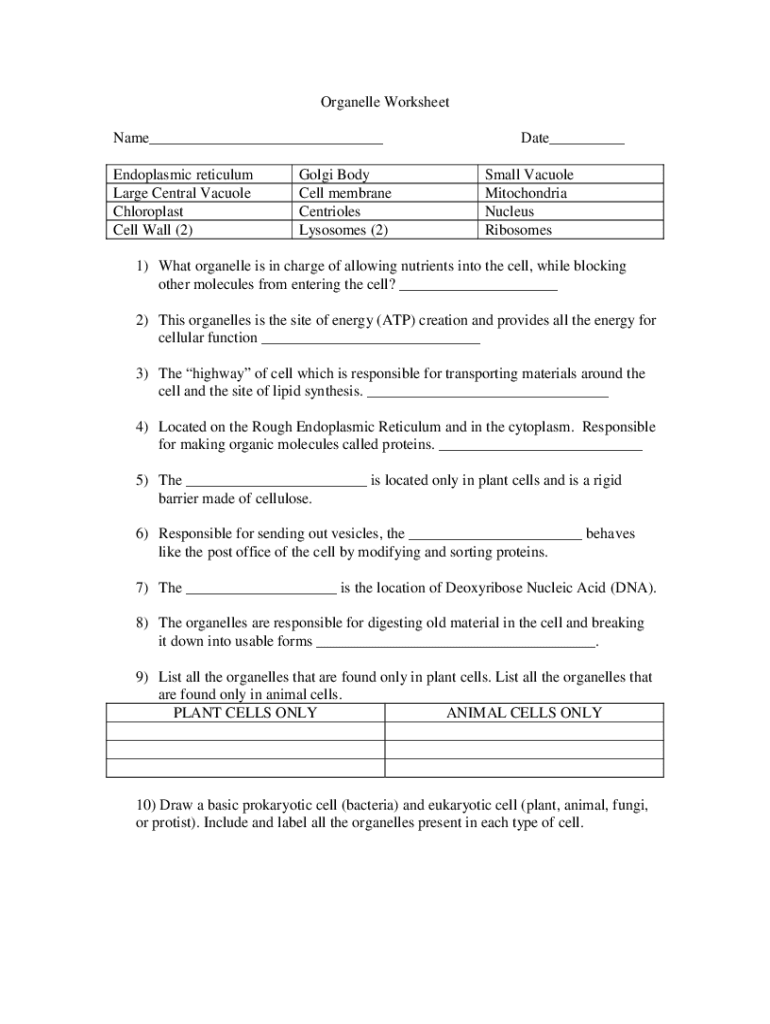 Fillable Online Organelles Worksheet Fax Email Print - pdfFiller