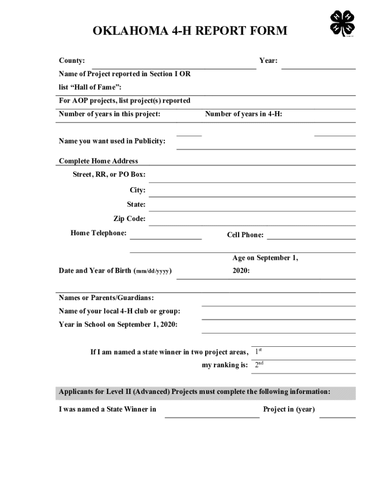 Fillable Online OKLAHOMA 4H REPORT FORM Fax Email Print pdfFiller