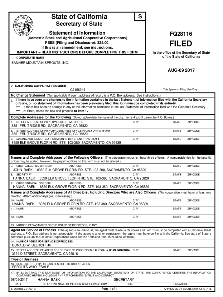 California Statement of Information Preview on Page 1