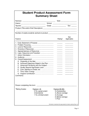 Student Product Assessment Form